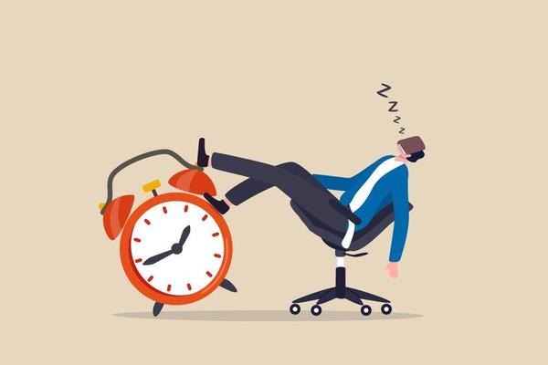 afternoon slump laziness and procrastination postpone work to do later boredom and sleepy work concept businessman sleeping lay down on office chair and alarm clock covered his face with book vector